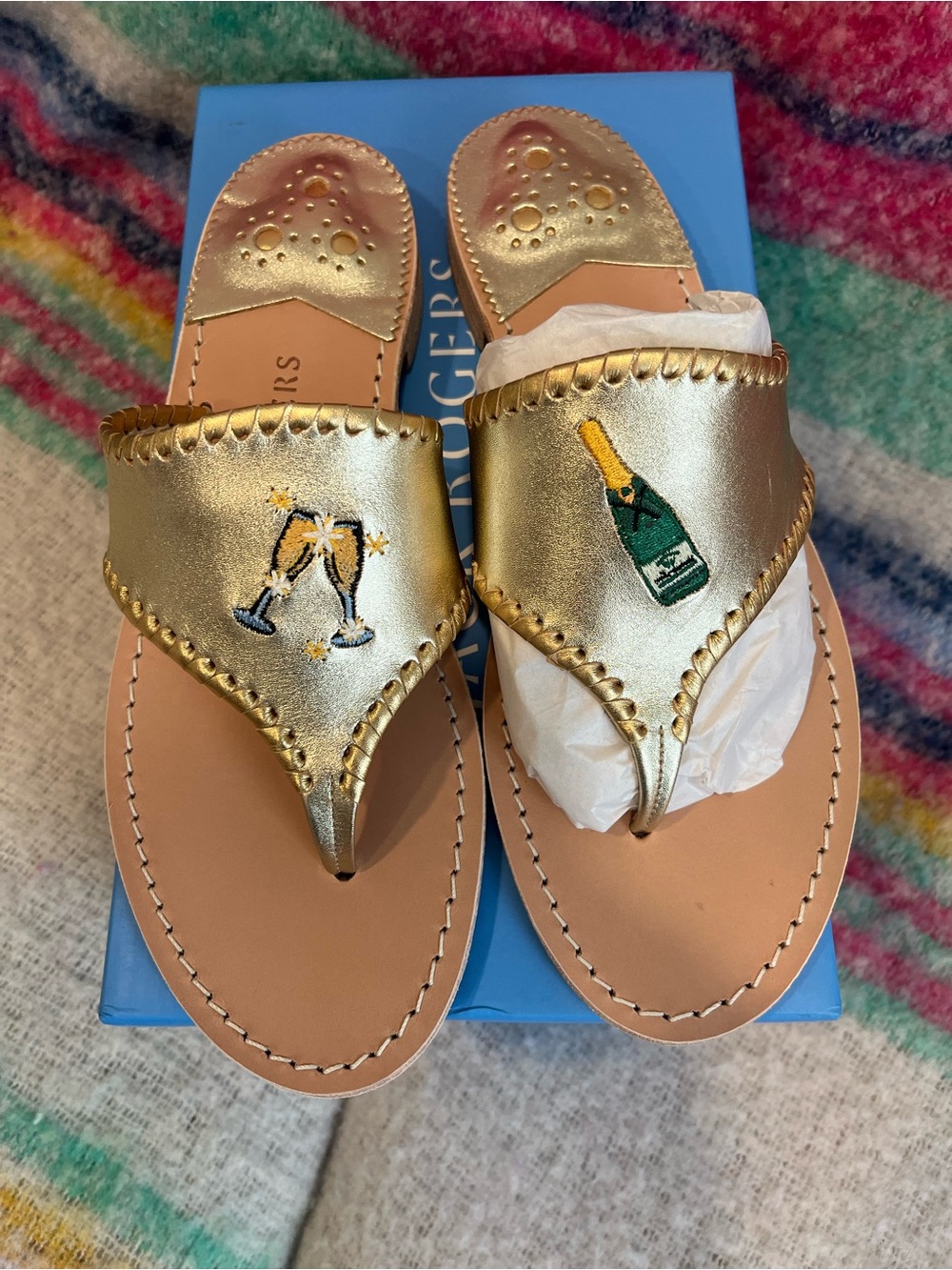 Jack Rogers NIB Gold Embroidered Champagne Toe-Post Sandals - Women’s 9.5